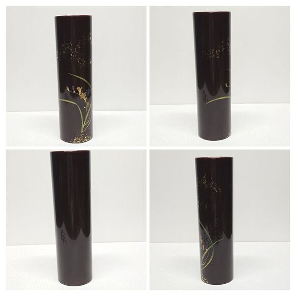 Japanese Wajima Brown Lacquer Bamboo Shaped Vase Floral Theme Vintage - Picture 5 of 8